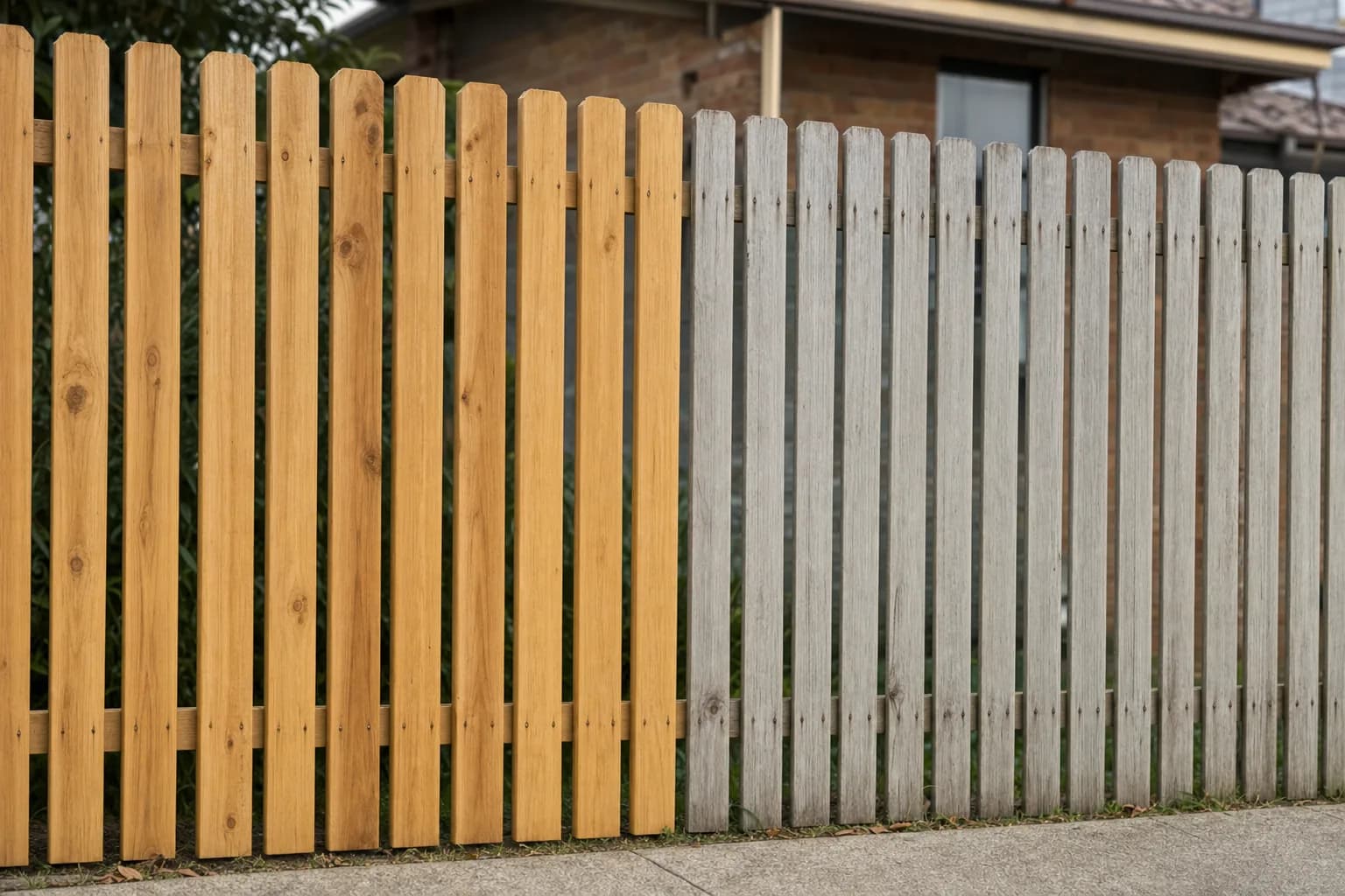A timber paling fence on a Launceston block part way through weathering, with warm honey boards beside boards that have silvered to grey