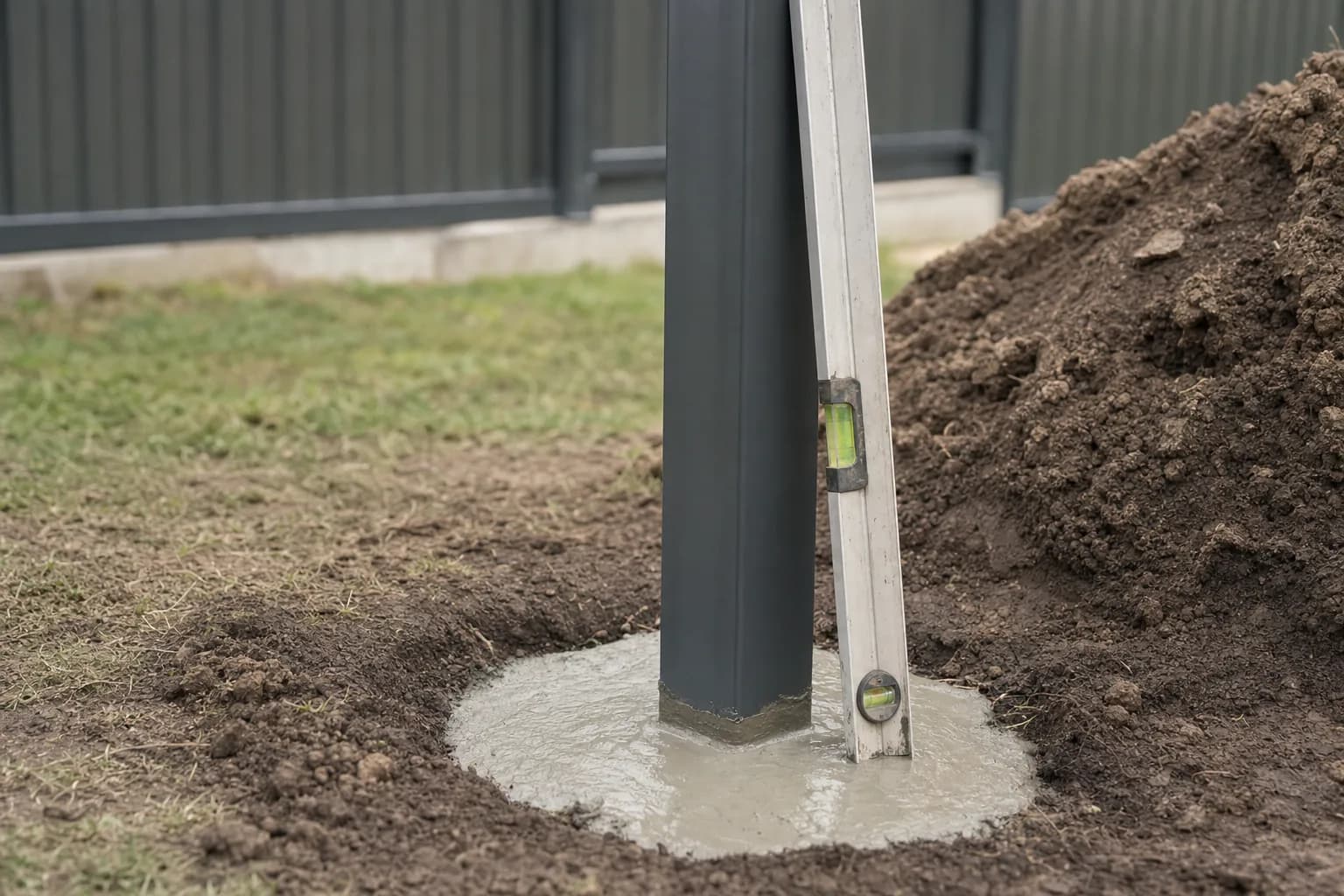 A new fence post set plumb in a fresh concrete footing on a Launceston block