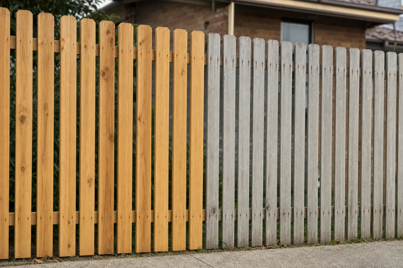 A timber paling fence on a Launceston block part way through weathering, with warm honey boards beside boards that have silvered to grey