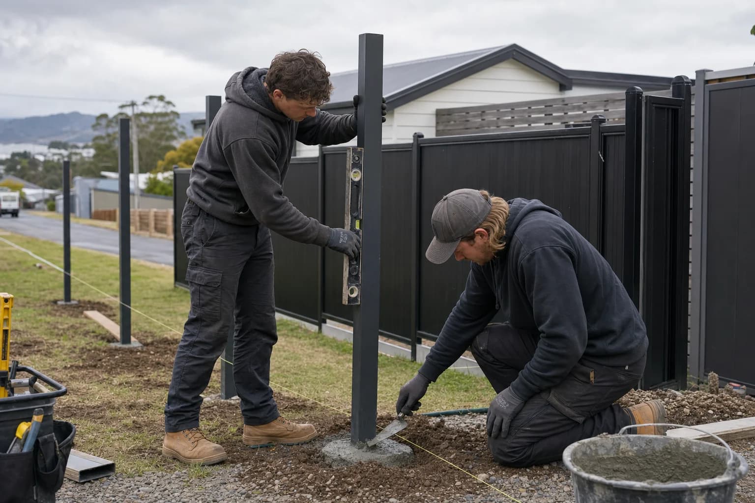 Prime Fencing Launceston crew setting a steel fence post on a residential job site