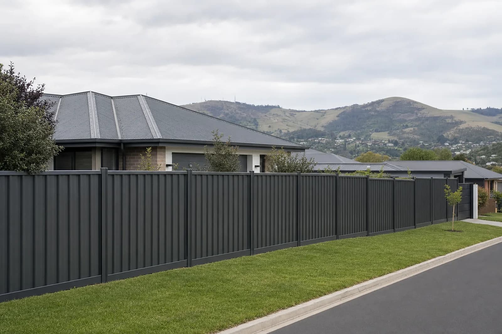 Newly installed Colorbond steel fence along a Launceston home with the Tamar Valley behind